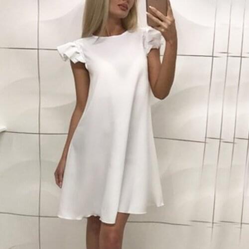 Ruffle Sleeve Dress Straight Cut Women Casual Summer 2020 Cute Plain Dress Frill Sukienka Solid Color High Ladies Fashion Dress
