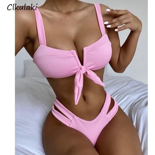 Sexy V-Neck Bow Bikinis Swimsuit Women Two-Piece Swimwear Solid Color Bikini set Summer Bathing Suit Swimming 2021 New Beachwear