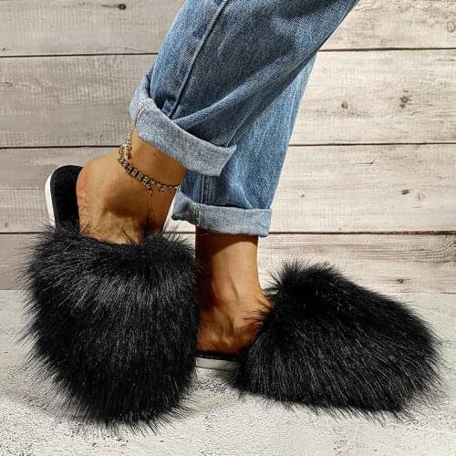 Winter Fur Slides Woman Winter Furry Slippers Fluffy Home Slippers Women Warm Shoes 2021 Ladies Flip Flops Female Fur Sandals