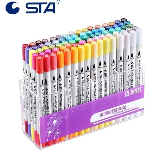 STA 80 Colors Set Sketch Marker Pens Twin Tips Water Based Ink Brush Pen Micron Needle Tip Soluble Watercolor Ink Art Marker Pen