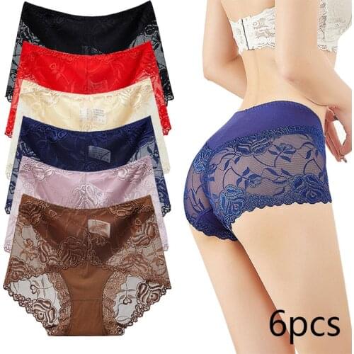 6PCS Lace Sexy Womens Underwear Transparent Panties Lingerie Modal Female Cotton Briefs Seamless Large Size Soft Pants