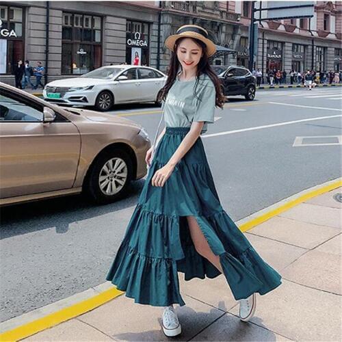 2020 Korean Style Women High Street Irregular Long Skirts Candy Color Ruffles Holiday Beach Party Skirts Plus Size 5XL 6XL 7XL