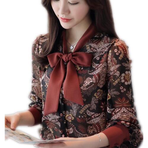 2019 New Fashion Print Women Chiffon Blouses Bow Long Sleeve Office Lady Blouse Spring Autumn Loose Pullovers Elegant BlouseQ064