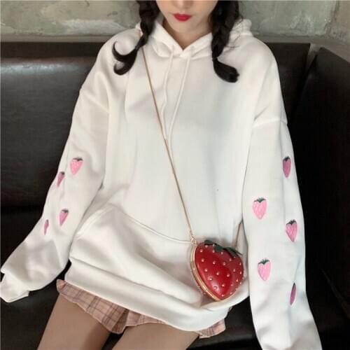Harajuku Strawberry Embroidery Sweatshirt Autumn Winter Women Kawaii Loose Long Sleeves Tops Oversized Hoodies