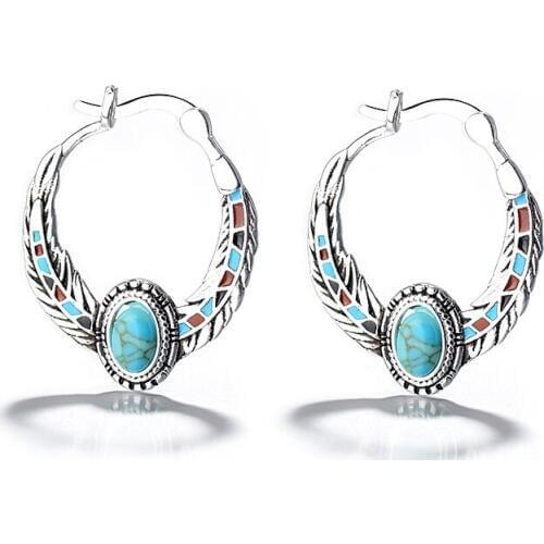 Retro Circle Bohemian Hoop Earrings For Women Gift Blue Stone Hoop Earring Summer Beach Boho Jewelry Ladies Accessories L4E686