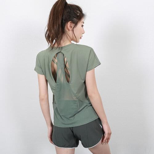 Women Hollow Back Yoga Sport Shirts Workout High Elastic Gym Tops Running Breathable Loose Short Sleeve Sports T-shirts