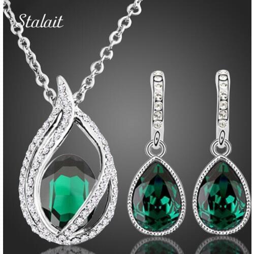 Women Bridal Wedding Jewelry Set Silver Color Necklace Earring Set Green Rhinestone Crystal Water Drop Jewelry Sets