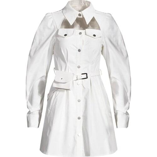 Women White Shirt Dress Hollow Out Long Sleeve High Waist Belted Tunic Dress