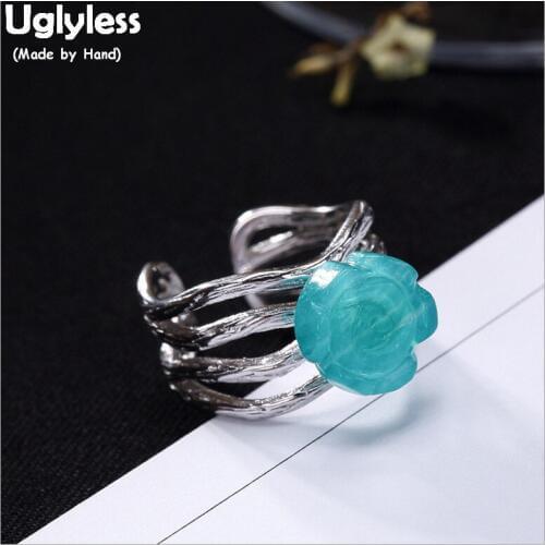 Uglyless 100% Real 925 Sterling Silver Natural Blue Amazonite Flower Rings for Women Hollow Wide Open Ring Gemstone Fine Jewelry