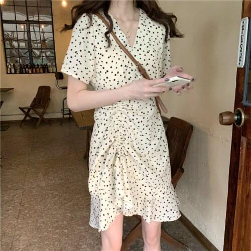 2020 Women Summer Vintage V Neck Dot Mini Dress Drawstring Folds Short Sleeve Slim Short Dresses