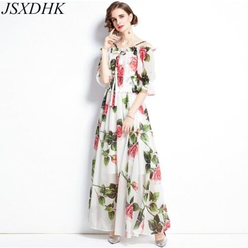 JSXDHK Elegant Runway Summer Holiday Maxi Dress Womens Rose Flower Print Chiffon Elastic Waist Ruffles Bow Long Dress Vestidos
