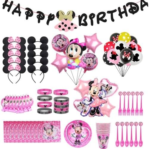 132pcs Disney Minnie Mouse Birthday Party Supplies Sets Baby Shower Minnie Party Paper Plates Cups Balloons Napkins Supplies