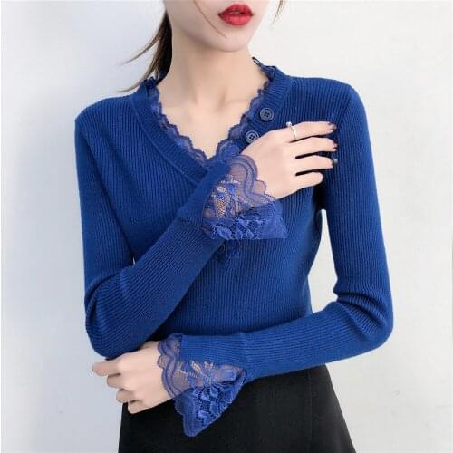 2019 Autumn Winter V-neck Knitted Pullover Sweater Lace Stitch Trumpet Sleeve Sweaters Plus Size Women Jumper Pull Femme R311