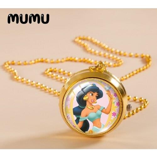 2021 New Aladdin and the Magic Lamp Pocket Watch Necklace Princess Gold Color Vintage Watch Glass Dome Pendant Jewelry Gifts