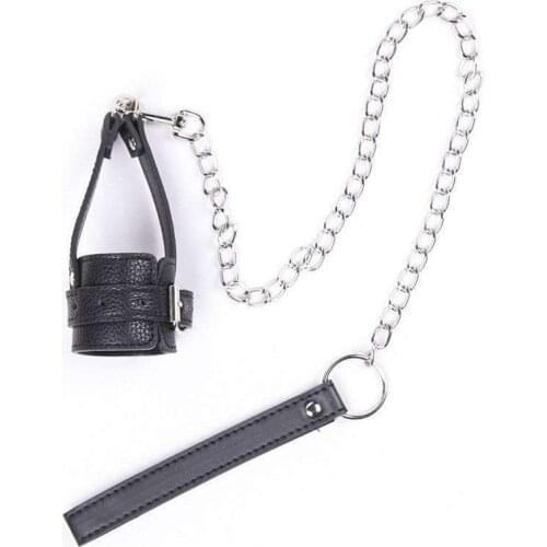 Men Ball Stretcher Bondage Restraints Erection Impotence Sex Aid Chain Leash Leather Penis Sleeve Ring Cock Ring Adult Sex Toys