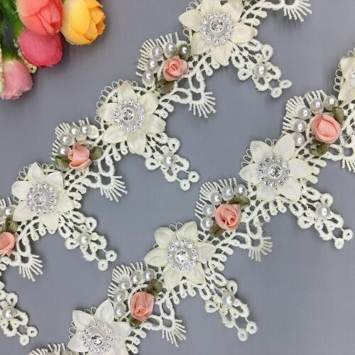 20x Pearl Diamond Apricot Lace Flower For Dress Fring Ribbon Lace Trim French Fabric DIY Wedding Dress Embroidered Sewing Craft