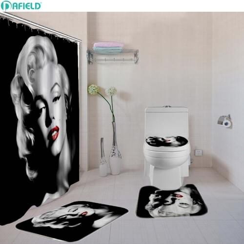 4 Pcs/Set Sexy Women Bathroom Shower Curtain Set Toilet Cover Bath Mat Set Fabric Shower Curtains Bath Rug Set Hooks White/Black