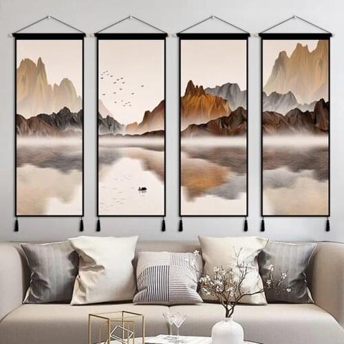 4pcs Chinese Style Landscapes Scroll Painting Hanging Wall Art Canvas Painting Posters Home Decor Prints Pictures Scenery