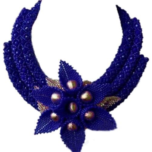 4UJewelry Royal Blue Jewelry Sets For African Women Crystal Beaded Flowers Necklace Sets for Wedding With Gold Balls Dubai 2020