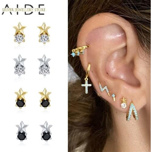 AIDE 925 Sterling Silver Star Stud Earrings for Women Cute Small Geometric Zircon Pierced Earrings Fine Jewelry Gifts kolczyki