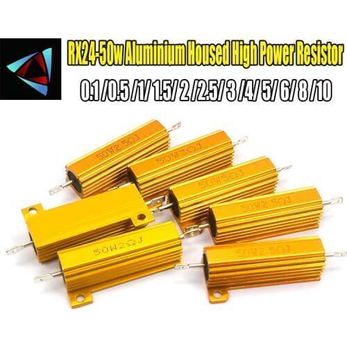 RX24 50W Watt Power Metal Shell Aluminium Gold Resistor 0.1 0.5 1 1.5 2 2.5 3 4 5 6 8 10 Resistance
