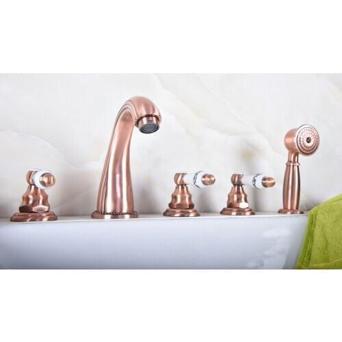 Antique Red Copper Brass Widespread 5 Hole Bathroom Roman Tub Bath Faucet with Telephone Style Hand Held Shower Head atf188