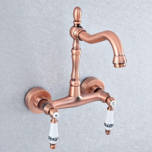 Antique Red Copper Wall Mount Kitchen Sink Faucet Swivel Spout Mixer Tap Dual Ceramics Handles Levers asf904