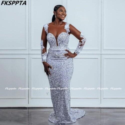 Backless Sparkly Silver Mermaid Prom Dresses 2021 Sheer Long Sleeves Sweetheart Black Girls Pageant Party Prom Formal Gowns