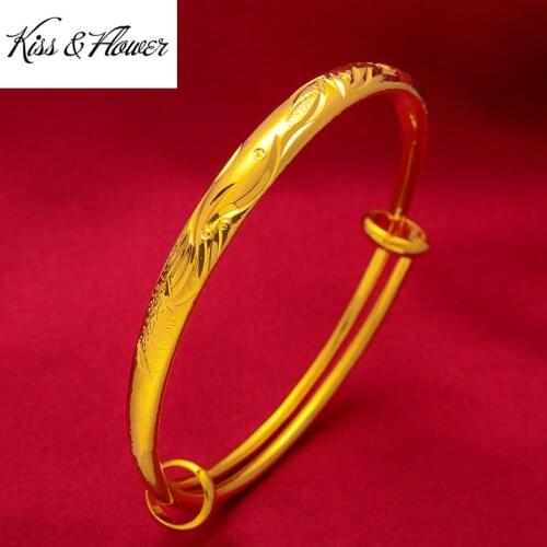 KISS&FLOWER BR180 Fine Jewelry Wholesale Fashion Woman Birthday Wedding Gift Dragon Phoenix 24KT Gold Resizable Bracelet Bangle