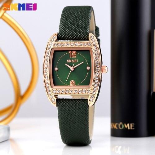 SKMEI Fashion Quartz Womens Watches Luxury Crystal Student Girls Clock Leather Strap Ladies Dress Wristwatch Relogio Feminino