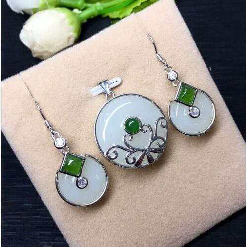 Hetian Baiyu Silver Inlay Set White Jade Safety Buckle Three-Piece Set h28