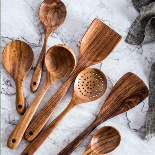Wood Teak Spoon Turner Ladle Set Wooden Kitchen Tools Tableware Spoon Scoop Settings Rice Colander Skimmer Long Handle Spoons