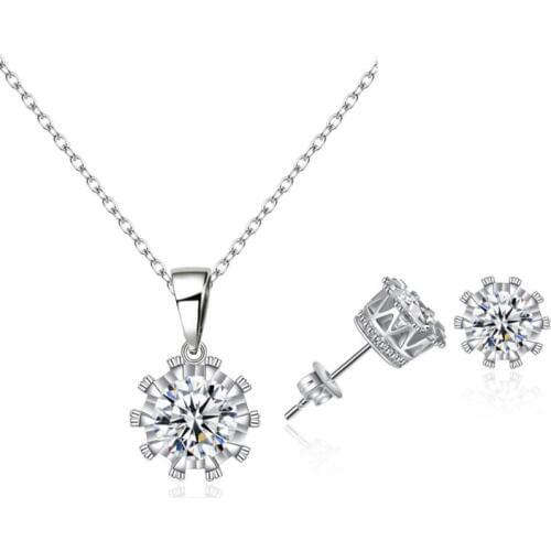 KOFSAC Fashion 925 Silver Jewelry Sets For Women Wedding Crown Pendant Stud Earrings Two Piece Set Hearts & Arrows CZ Necklaces