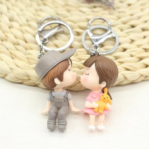 Trendy Romantic Cute Cartoon Lovers Kiss Couple Keychain for Women Gift Alloy Ring Key Chain Leather Rope Key Holder Bag Pendant