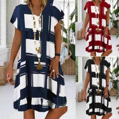 Independent Station Popular Short Sleeve and Even Sleeve Plaid Printing Long Skirt In Summer 2020 Shirt Dress