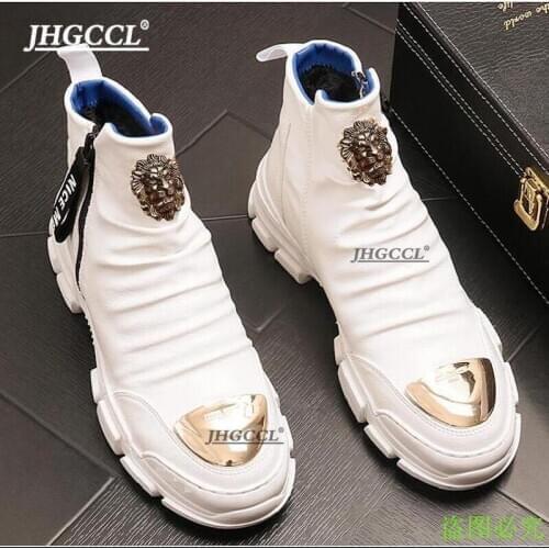 New mens casual shoes crease resistant microfiber leather high-top sneakers designer brand party casual rivet shoes for lad P26