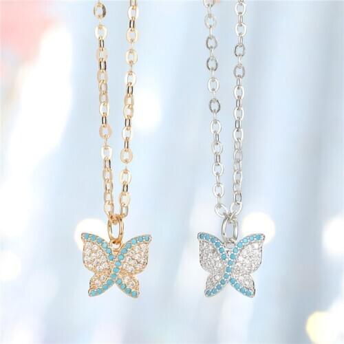 Dayoff 1PC Cute Crystal Butterfly Pendant Necklace For Womens Jewelry Metal Rhinestone Necklaces Clavicle Chain N698-9