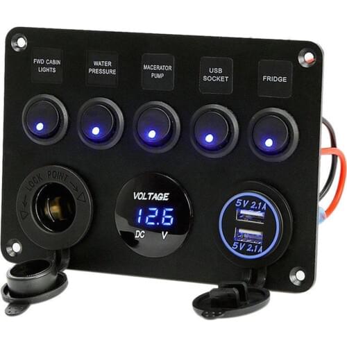 240W 5 Gang Switch Panel with Dual USB Port Voltmeter with a cigar lighter socket for 12-24V cars ships yachts RVs buses camper