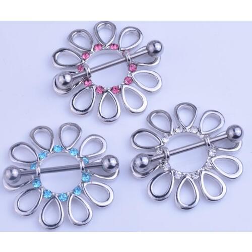 1pc/order Hot Rhinestone Classic Flower Petals Nipple Piercing,Stainless Steel Piercing Mamilo, Nippel Piercing Pezon Jewelry