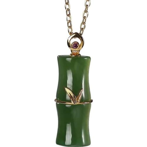 18K gold natural Hetian jade green jade pendant vintage Chinese style Bamboo leaf womens necklace pendant