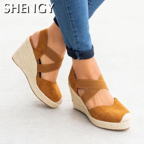 2021 Wedges Women Summer Sandals Thick Bottom Cross Elastic Band High Heel Casual Plus Size Beach Party Ladies Sandals