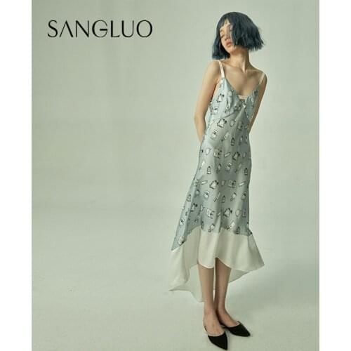 Silk dress, perfume print, thin straps, SANGLUO Sanrosan silk pajamas, home furnishing dress