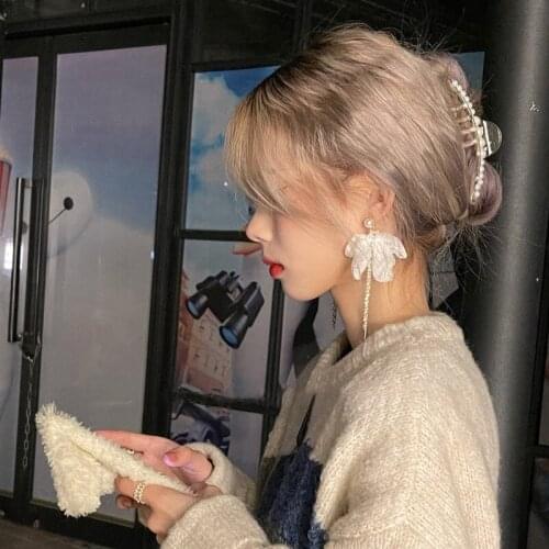 TIMEONLY Japanese Style Imitation Pearl Cloth Bowknot Dangle Earrings Sweet Beading Chain Earring for Women Girls Party Jewelry