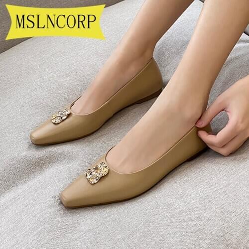 Plus Size 34-40 Women Flat Shoes Genuine Leather Luxury Metal Fashion Fashion Lady Shoe Loafers Casual Flat Shoes Womens Flats