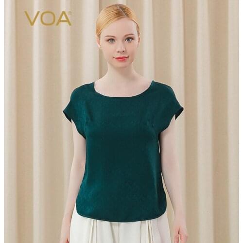 VOA Silk Dobby O-Neck Summer Tops for Women 2021 Harajuku Short Sleeve Split Curved Hem T-shirt B3872 Plus Size Woman Tshirts