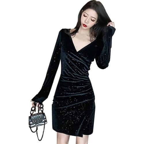 ZB4897 2021 spring new women fashion sexy temperament V collar wrap buttock sparkly velvet short dress female cheap wholesale