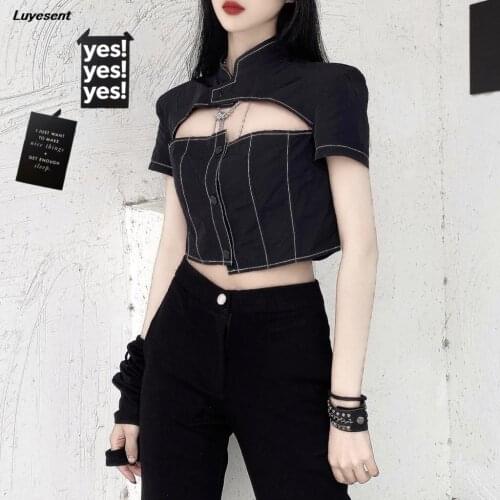 Black Gothic Lady Irregular Short Length T Shirt Stand Neck Girl Hollow Out Bust Sexy Tshirt Single Breasted Summer Goth Top