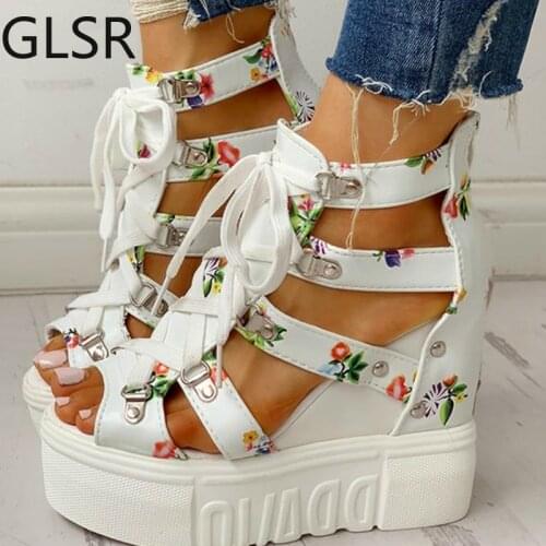 INS Hot Print Leisure Wedges Womens Shoes 2020 Summer Shoes Women Sandals Platform Shoelaces High Heels Casual Shoes Woman