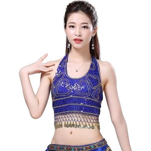 Sequins Breast Wrap Belly Dance Costume Accessories Women Top Coin Tassel Sleeveless Halter Bandage Adjustable Top