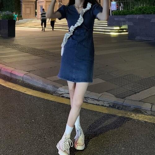 Womens Denim Dress, Puff Sleeve, Short Sleeve, New Summer Womens Skirt, Temperament, Waist, Thin A-line Skirt